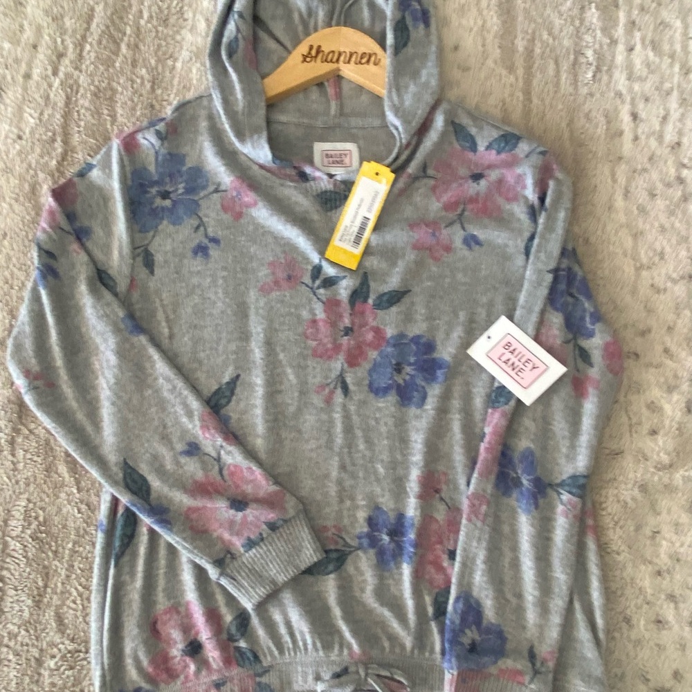 Girls brand new sweater, soft gray with flowers, size large